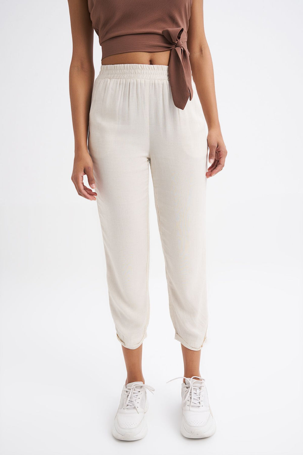 Ecru Ecru Linen Trousers With Elastic Waist
