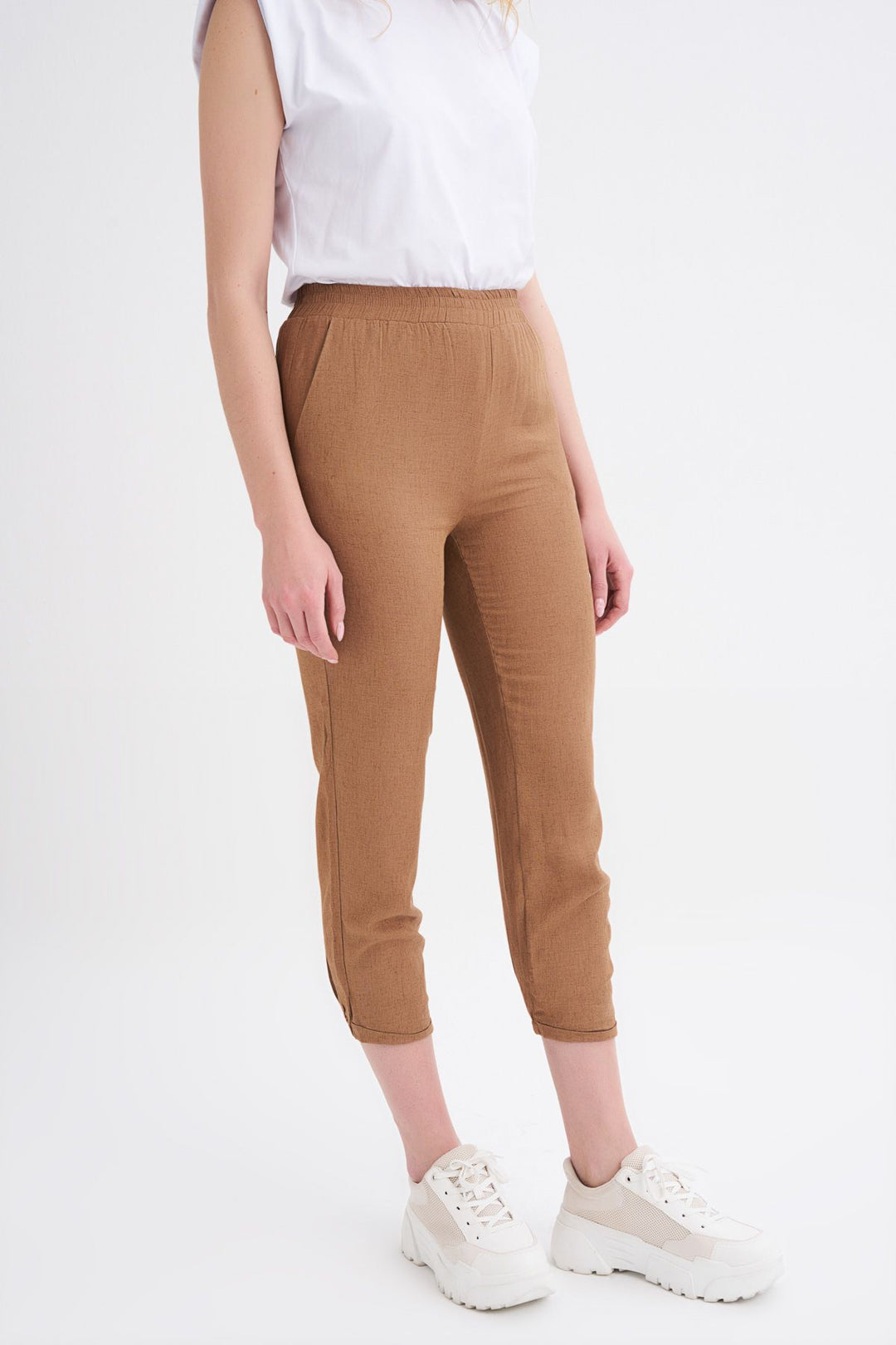 Beli Lastikli Keten Pantolon Kahverengi