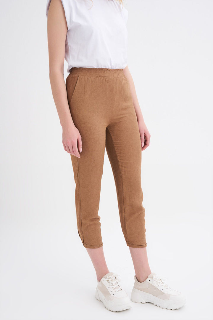 Beli Lastikli Keten Pantolon Kahverengi