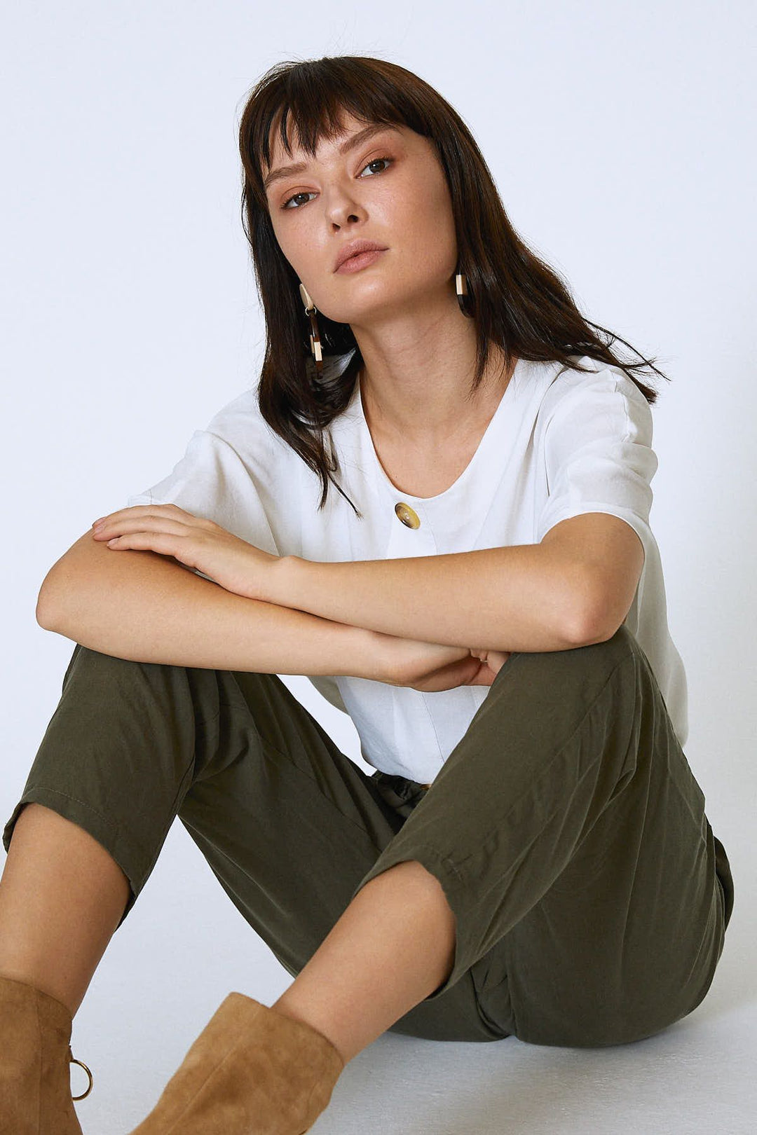 Beli Lastikli Kuşaklı Casual Pantolon Haki