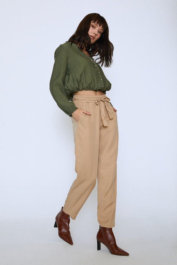 Elastic Waist Belted Casual Trousers Camel