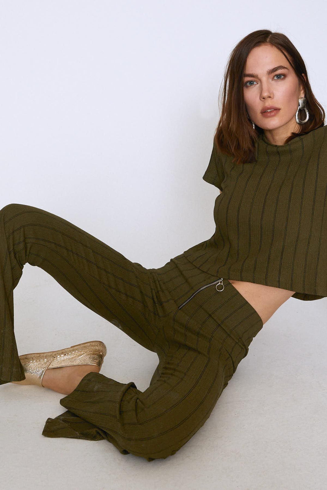 High Waist Spanish Leg Trousers Khaki