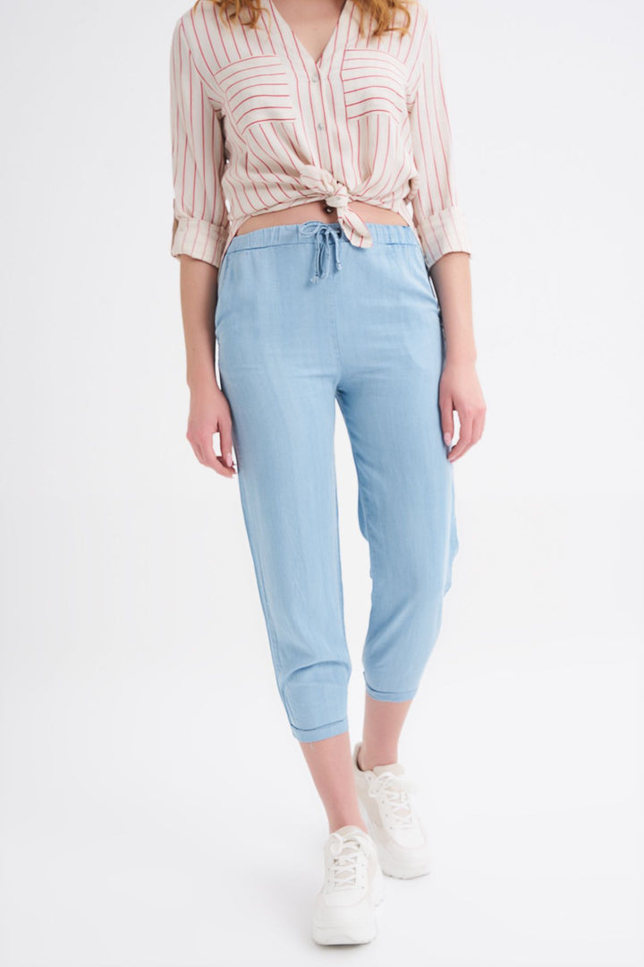 Bağcık Detaylı Bol Pantolon Açık Mavi