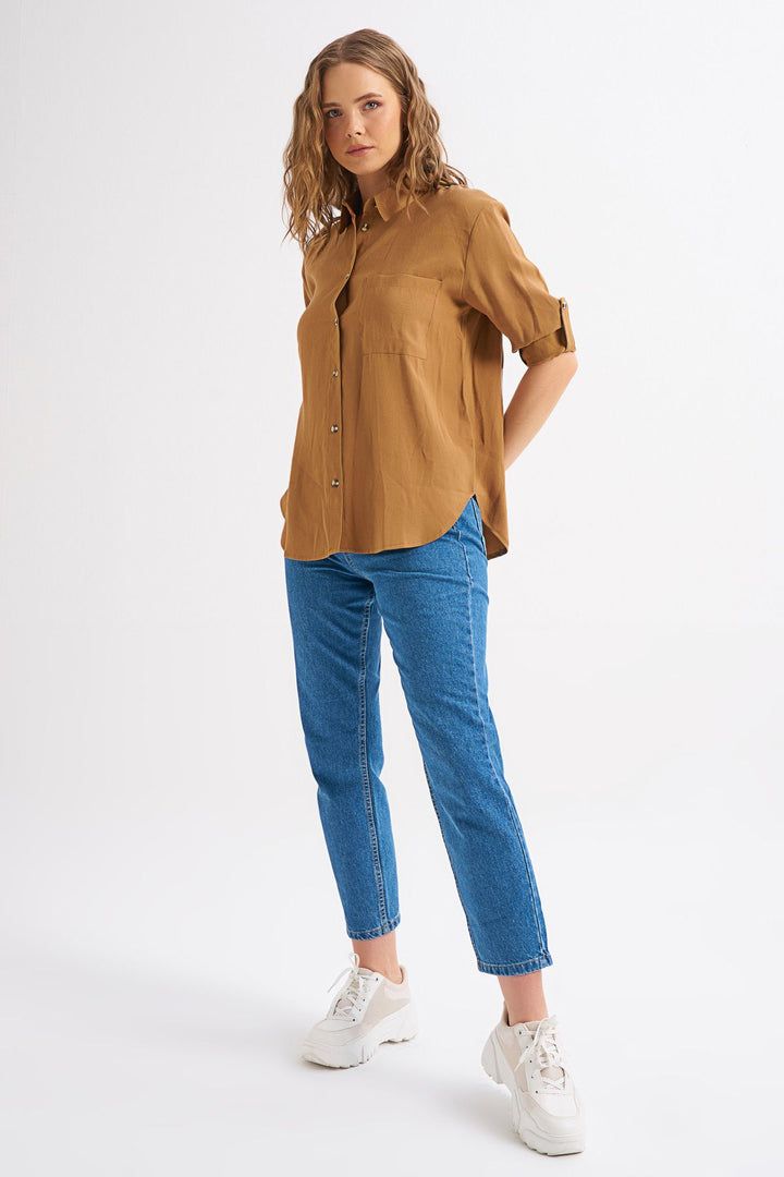 Back Printed Tencel Shirt Camel