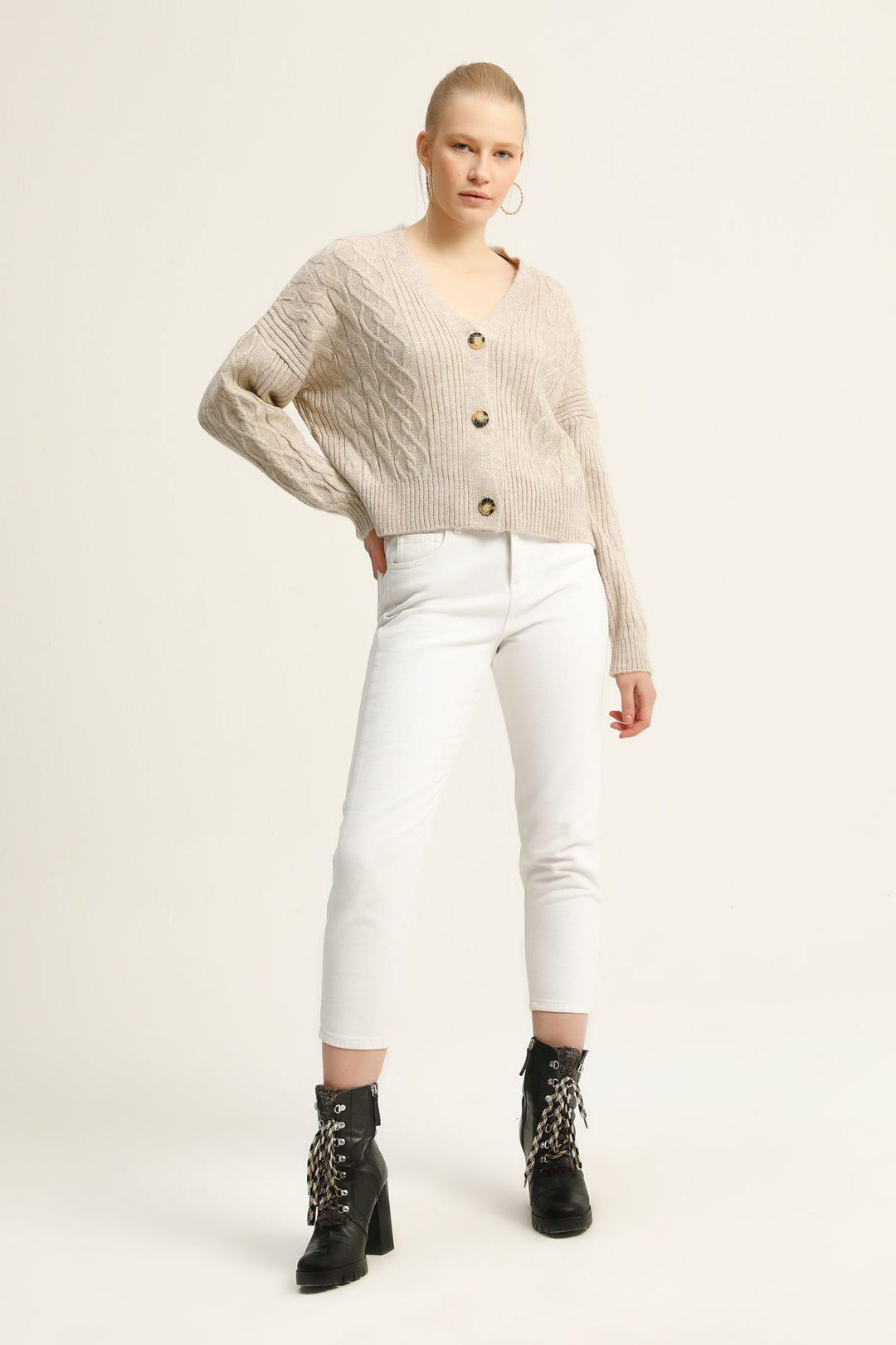 Baklava Desen Düğmeli Hırka Taş