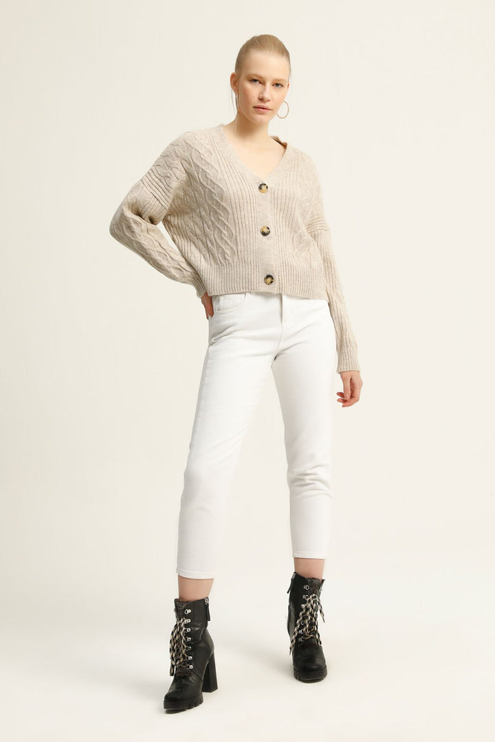 Baklava Desen Düğmeli Hırka Taş