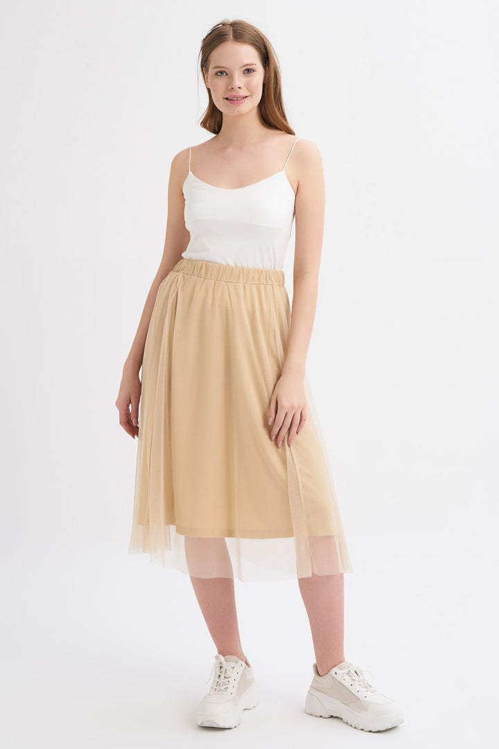 Pleated Tulle Detailed Midi Skirt Beige