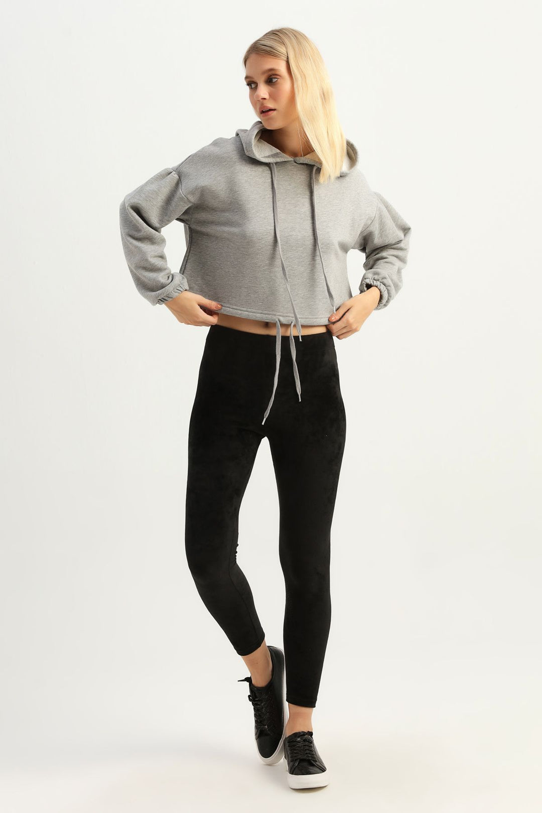 Beli Büzgülü Crop Sweatshirt Gri