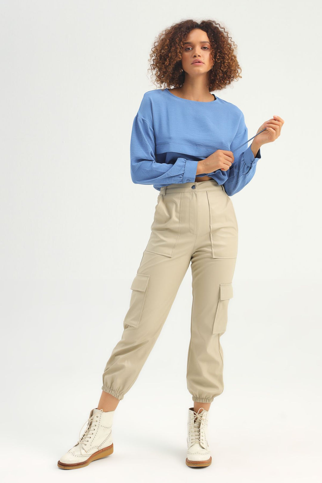 Cargo Pocket Leather Jogger Trousers Stone