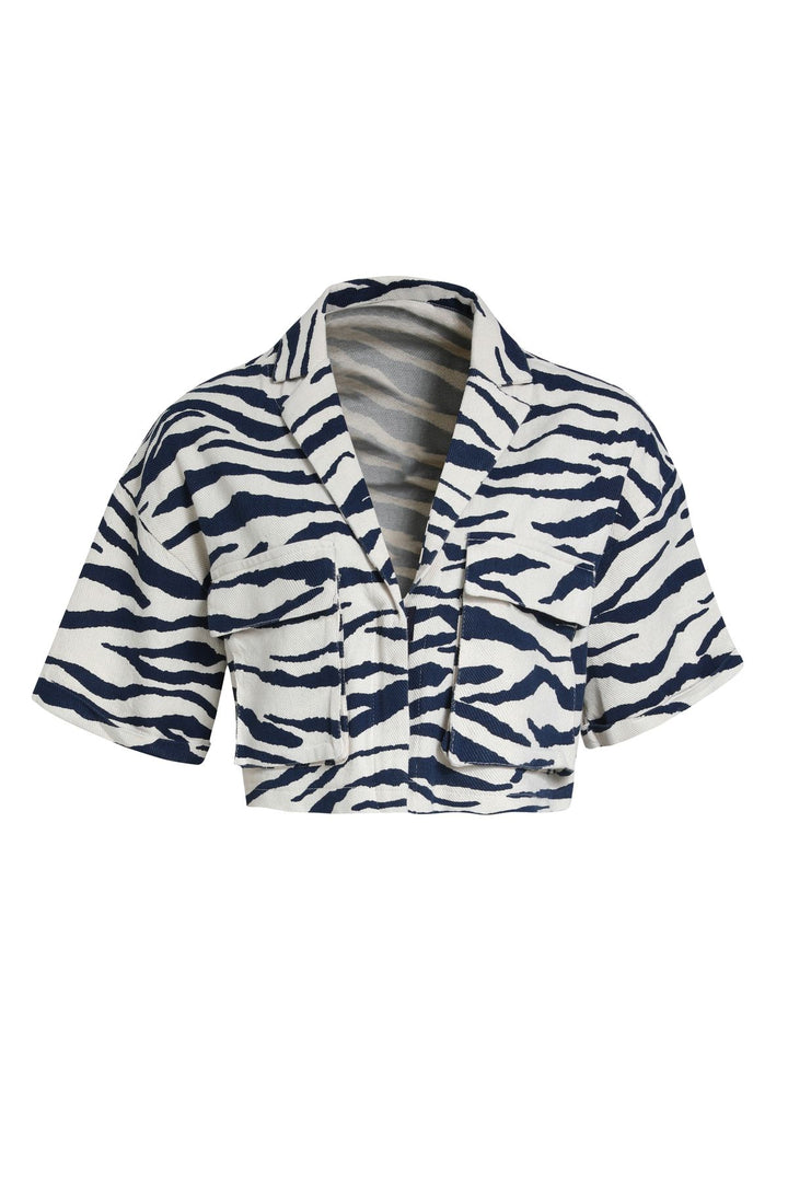 Zebra Desen Crop Gömlek İndigo