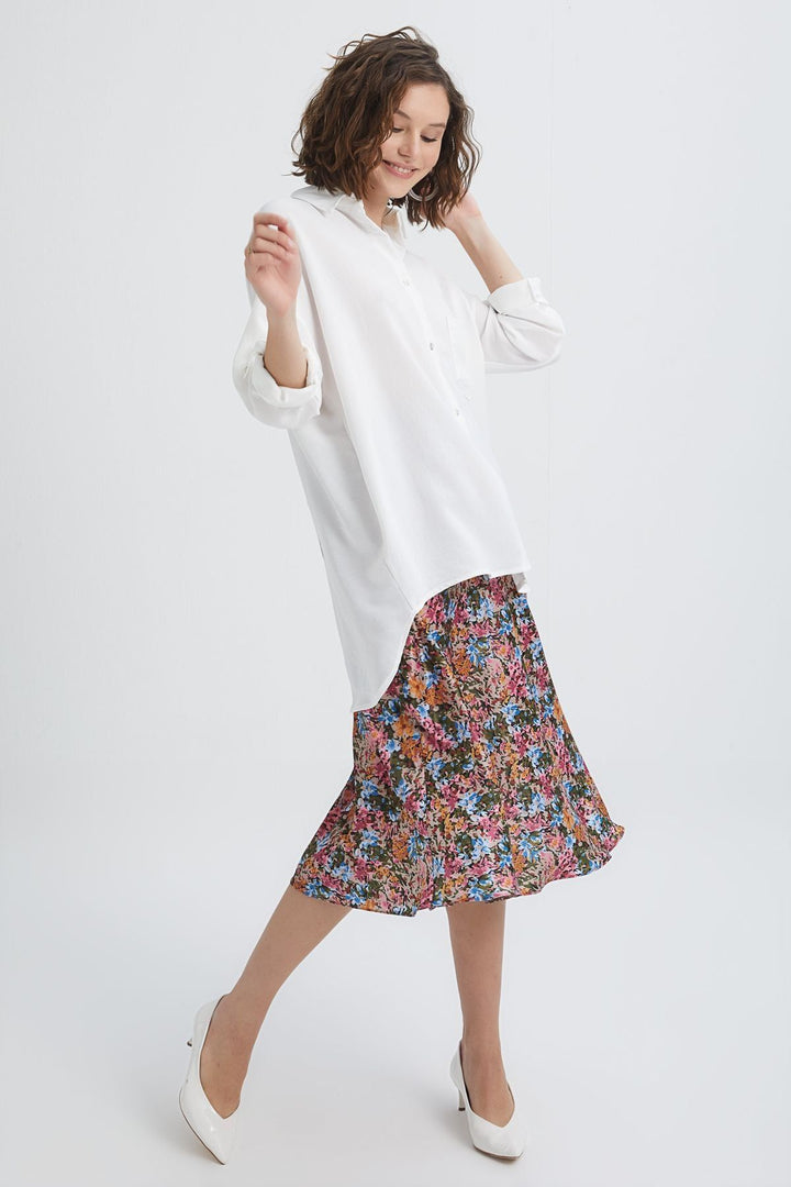 Arkası Nakışlı Uzun Gömlek Ekru