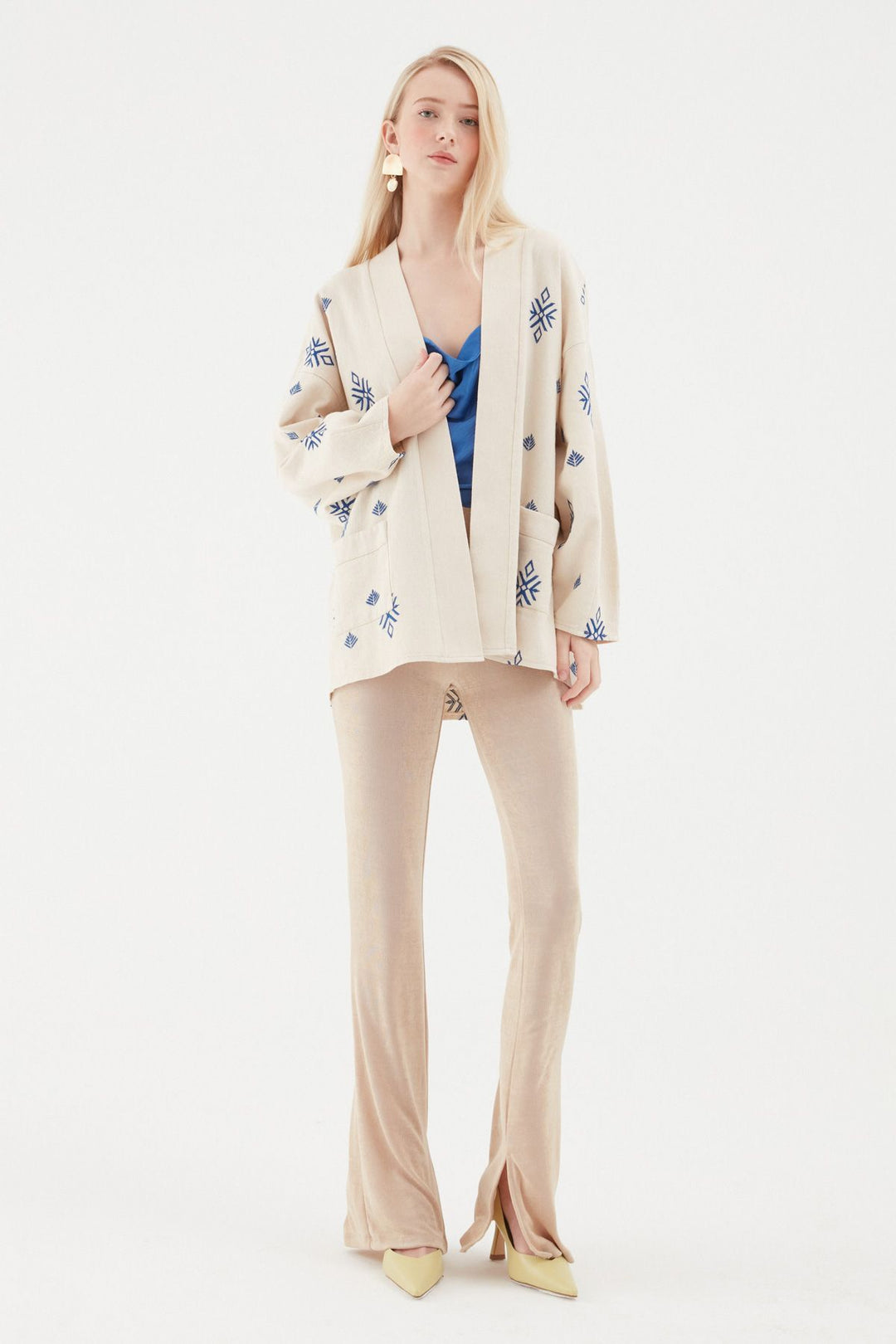 Embroidered Pocket Kimono Beige