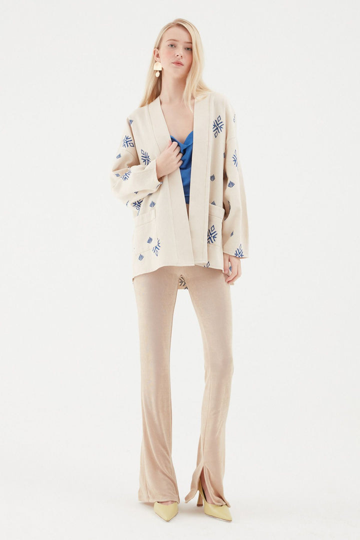 Embroidered Pocket Kimono Beige