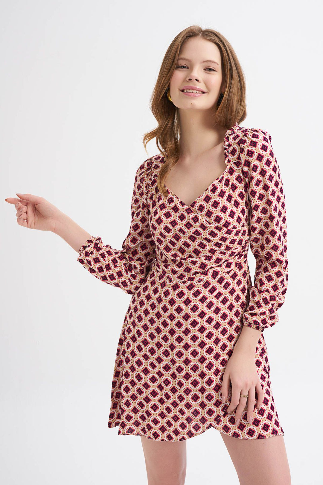 Patterned Wrap Dress Claret Red