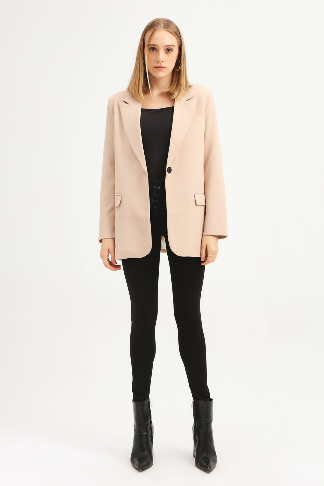Single Button Blazer Jacket Beige