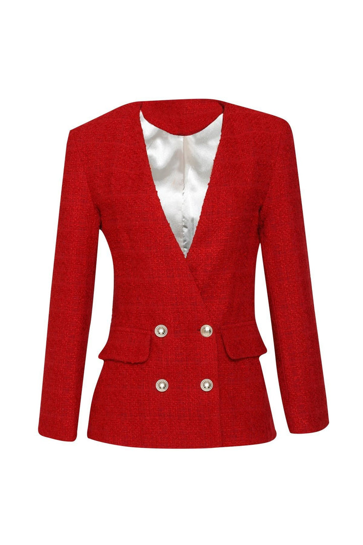 Double Breasted Tweed Blazer Jacket Red