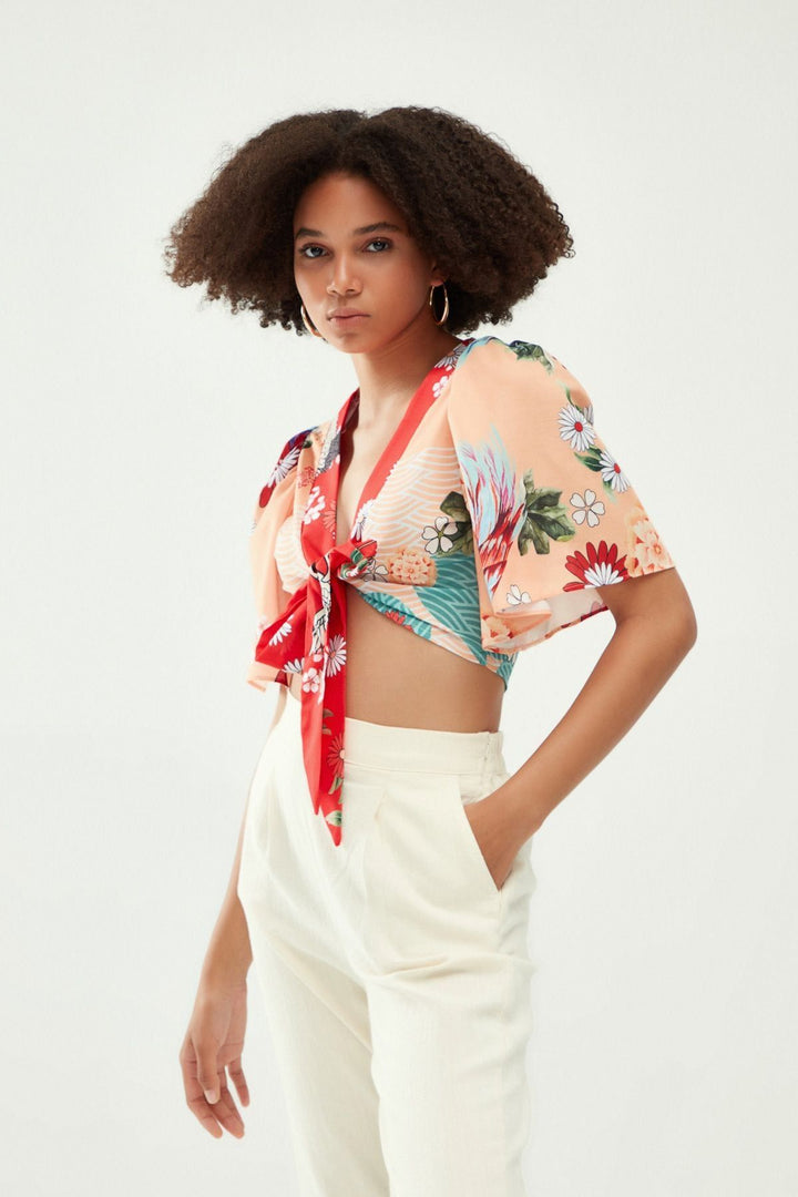 Patterned Tie Front Blouse Orange
