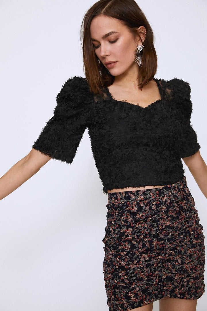 Floral Pattern Pleated Mini Skirt Black