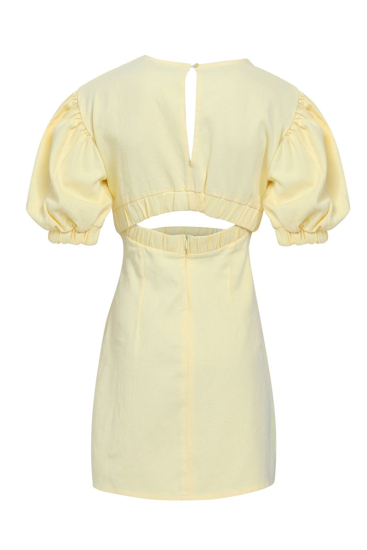 V Yaka Cut Out Gabardin Elbise Sarı