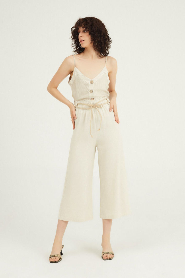 Hasır İp Kemerli Keten Pantolon Naturel