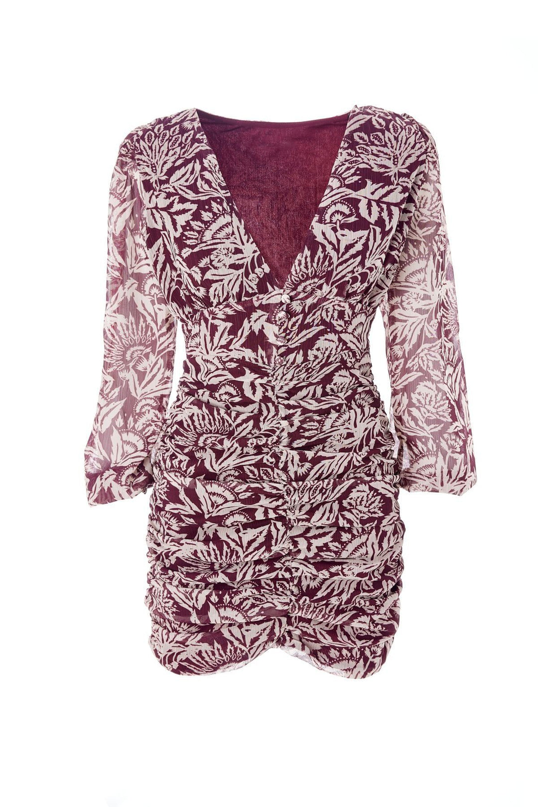 Patterned V Neck Mini Dress Claret Red