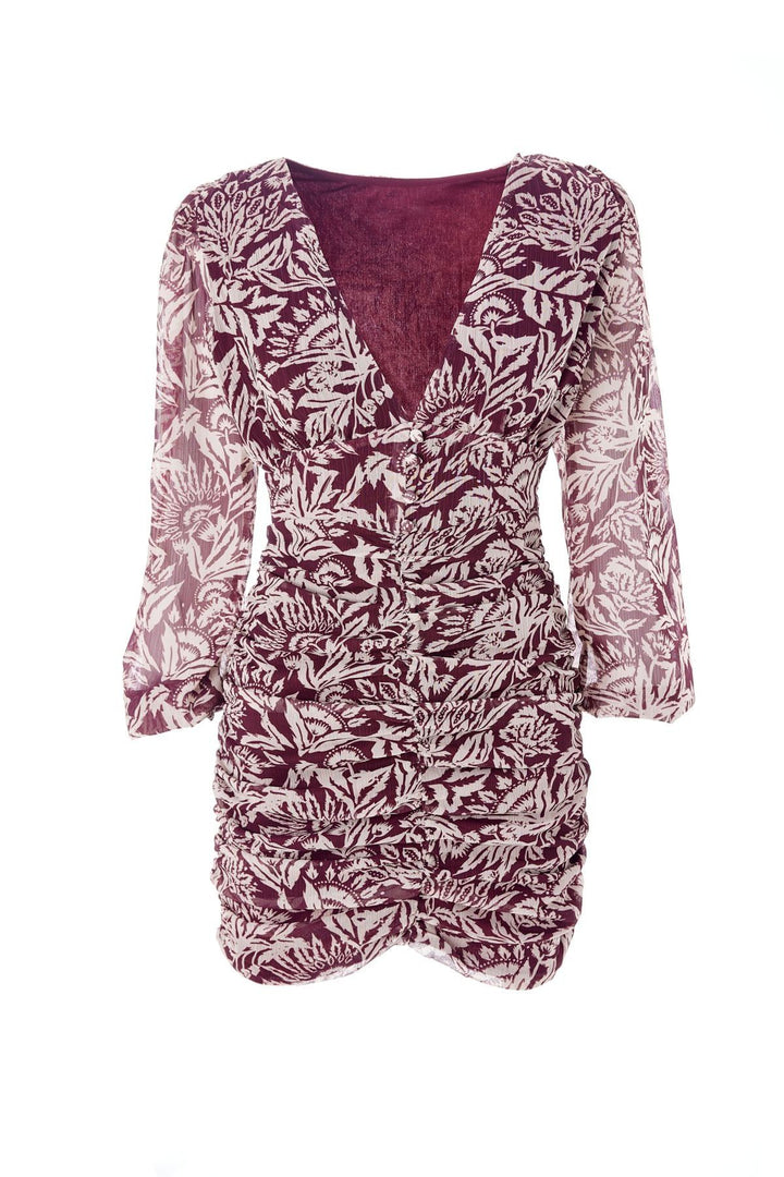 Patterned V Neck Mini Dress Claret Red