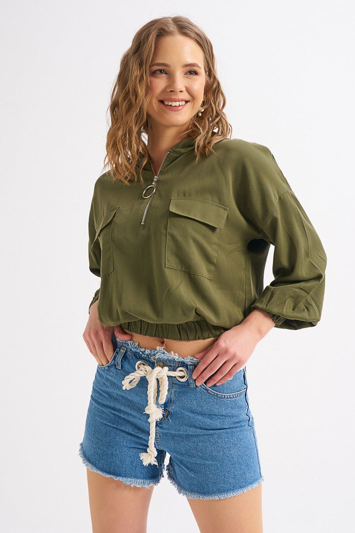 Back Printed Zipper and Pocket Detailed Blouse Khaki
