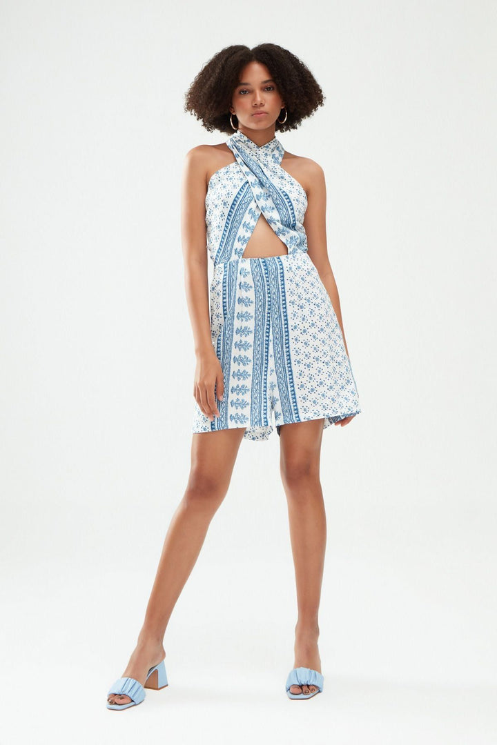 Halterneck Shorts Jumpsuit Blue