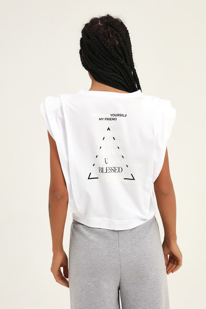 Baskılı Vatkalı Crop Tişört Beyaz