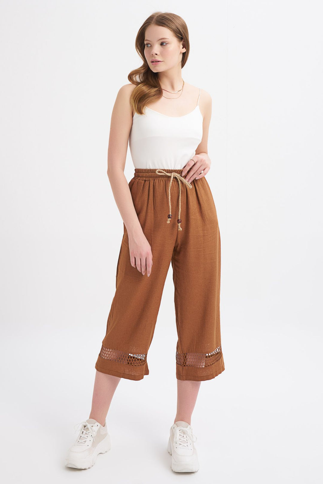 File Detaylı Keten Pantolon Kahverengi
