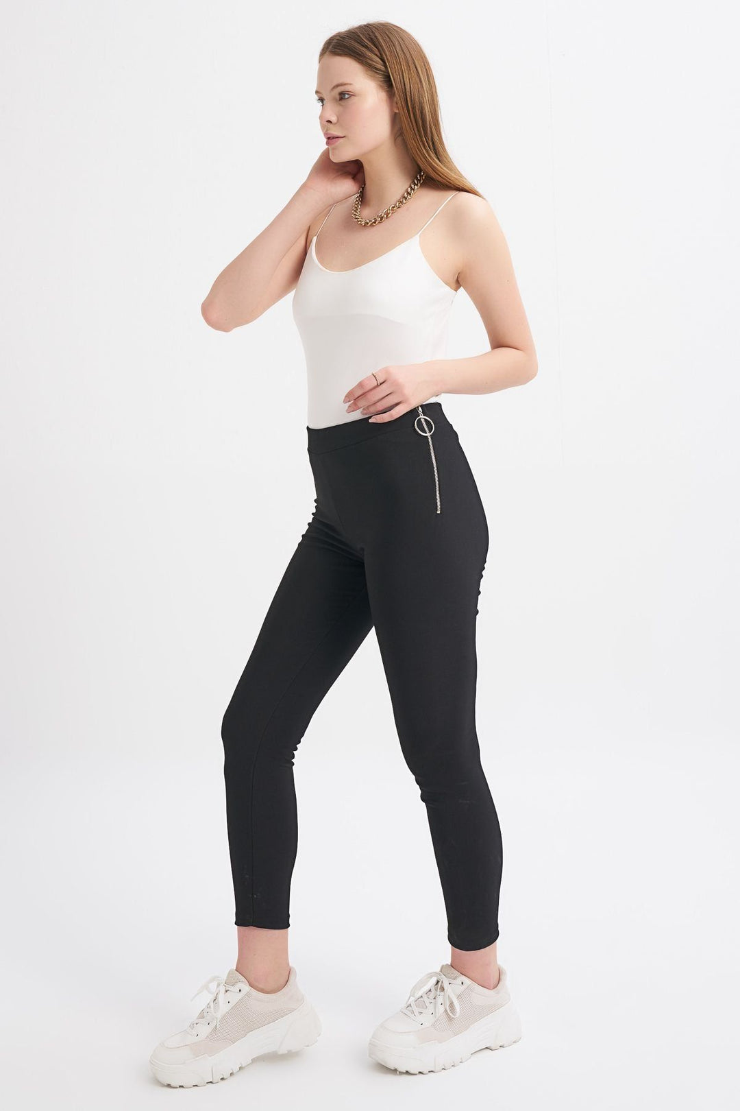 Side Zipper Basic Leggings Black