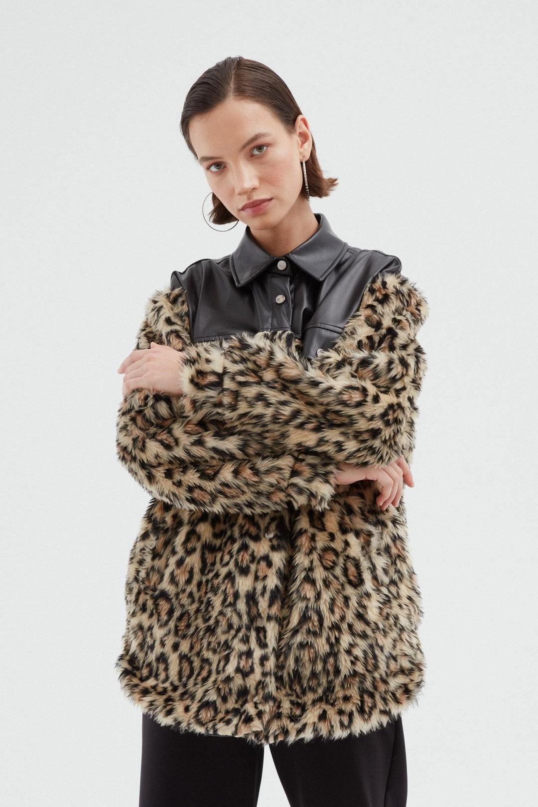 Deri Detaylı Kürk Ceket Kahverengi