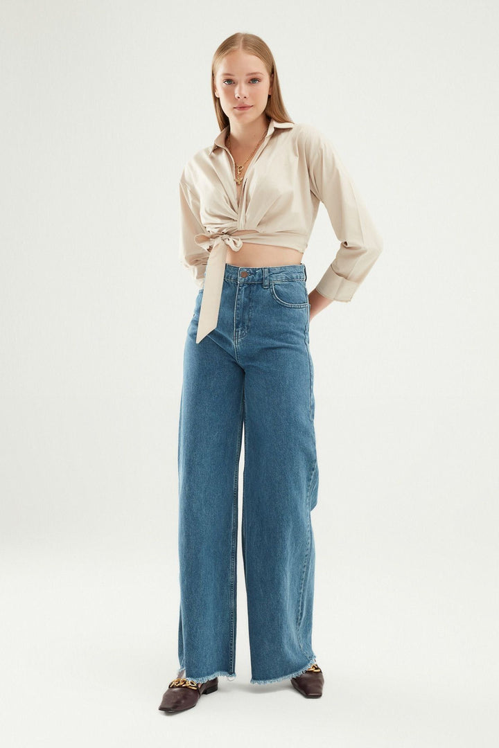 Önü Bağlamalı Crop Gömlek Taş