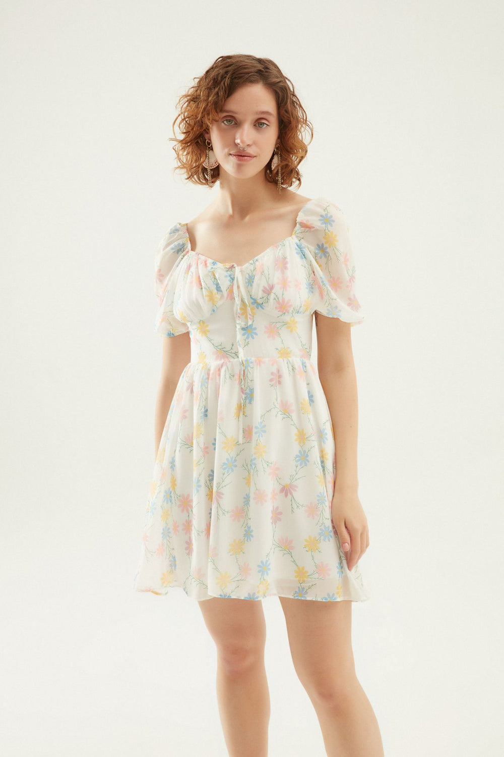 Floral Pattern Off Shoulder Dress White