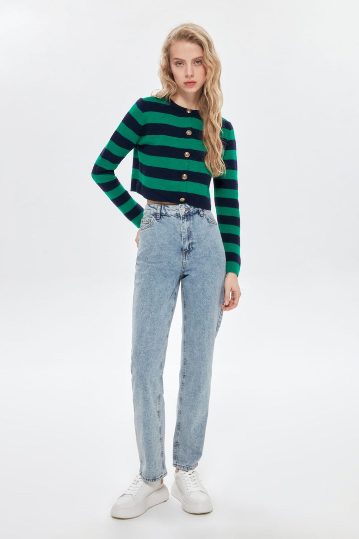 Çizgili Düğme Detaylı Crop Hırka Laci-Yeşil
