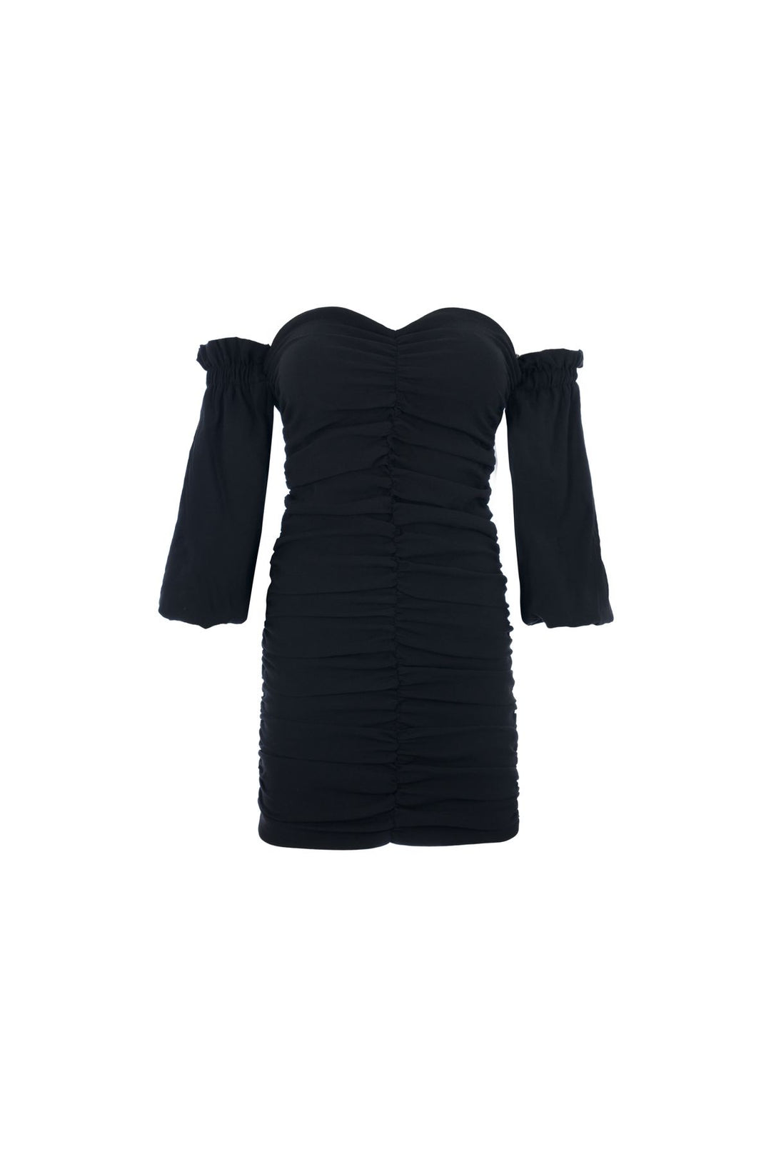 Düşük Kol Büzgülü Elbise Siyah
