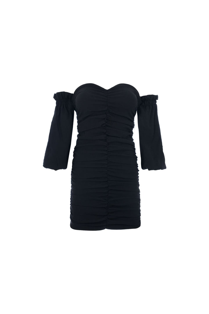 Düşük Kol Büzgülü Elbise Siyah