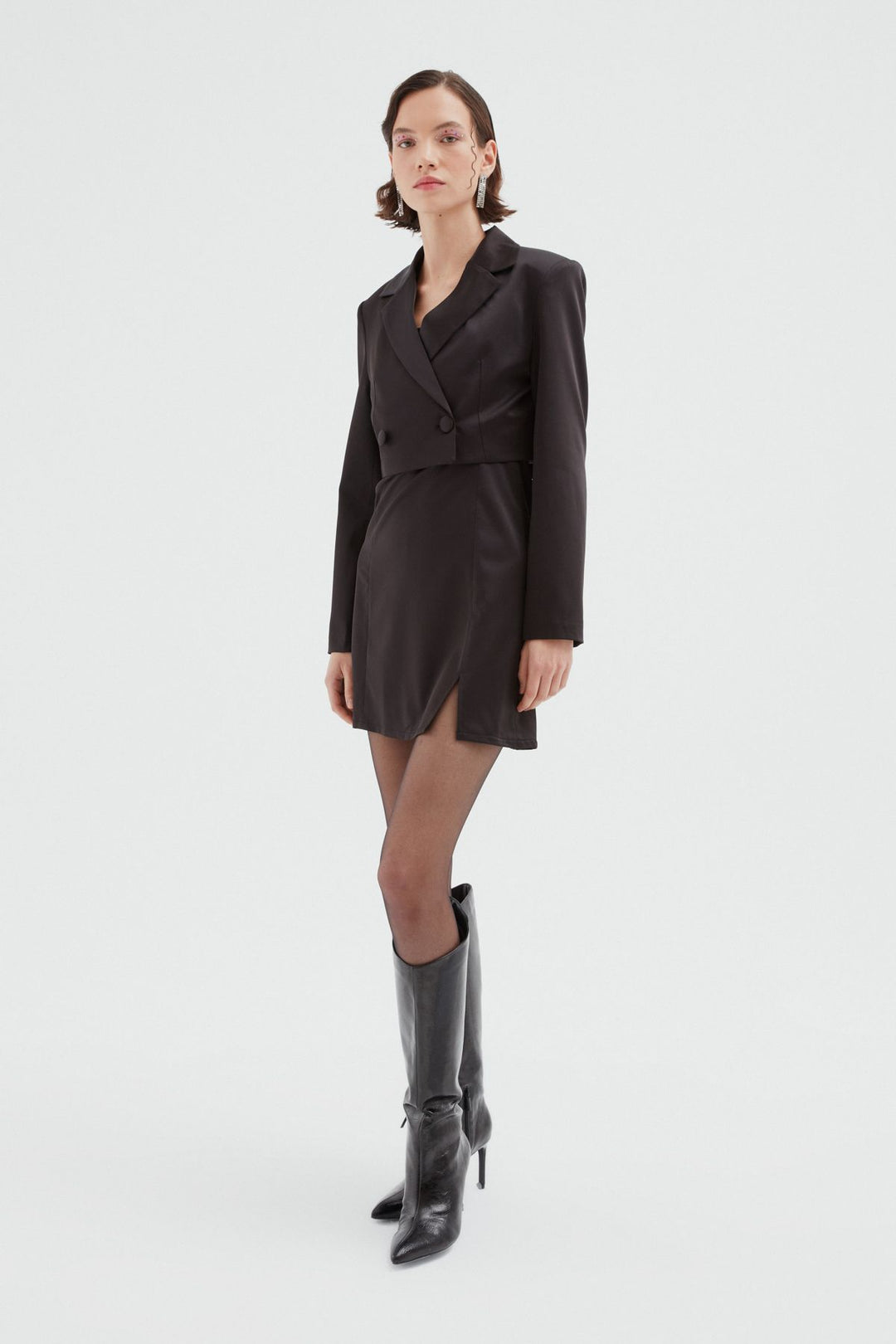 Crop Saten Blazer Ceket Siyah