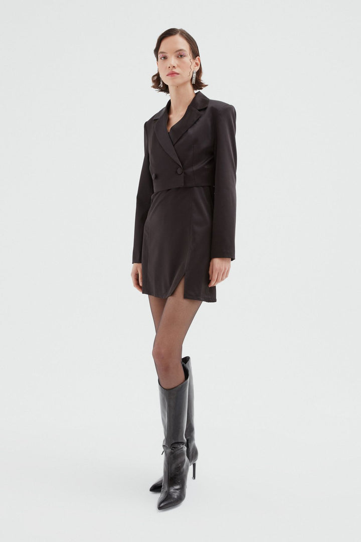 Crop Saten Blazer Ceket Siyah