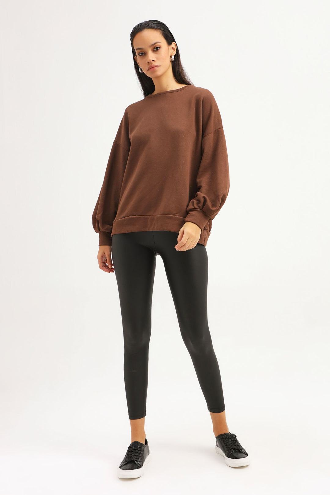 Sırt Dekolteli Oversize Sweatshirt Koyu Kahve