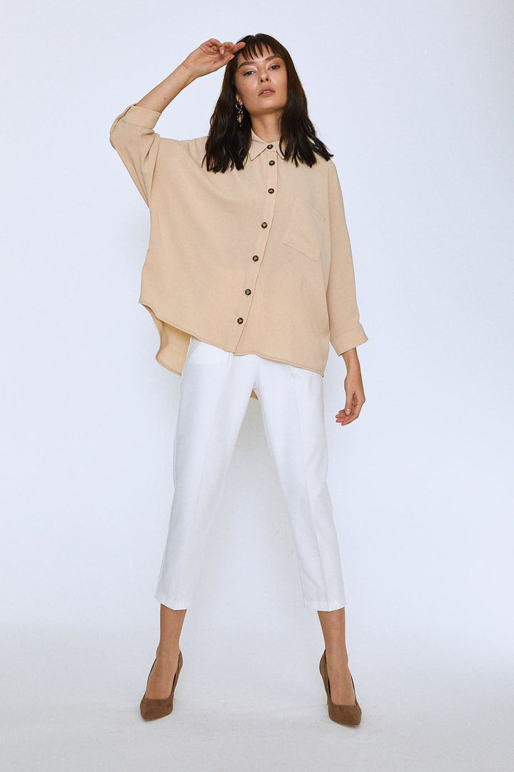 Uzun Oversize Cepli Gömlek Bej