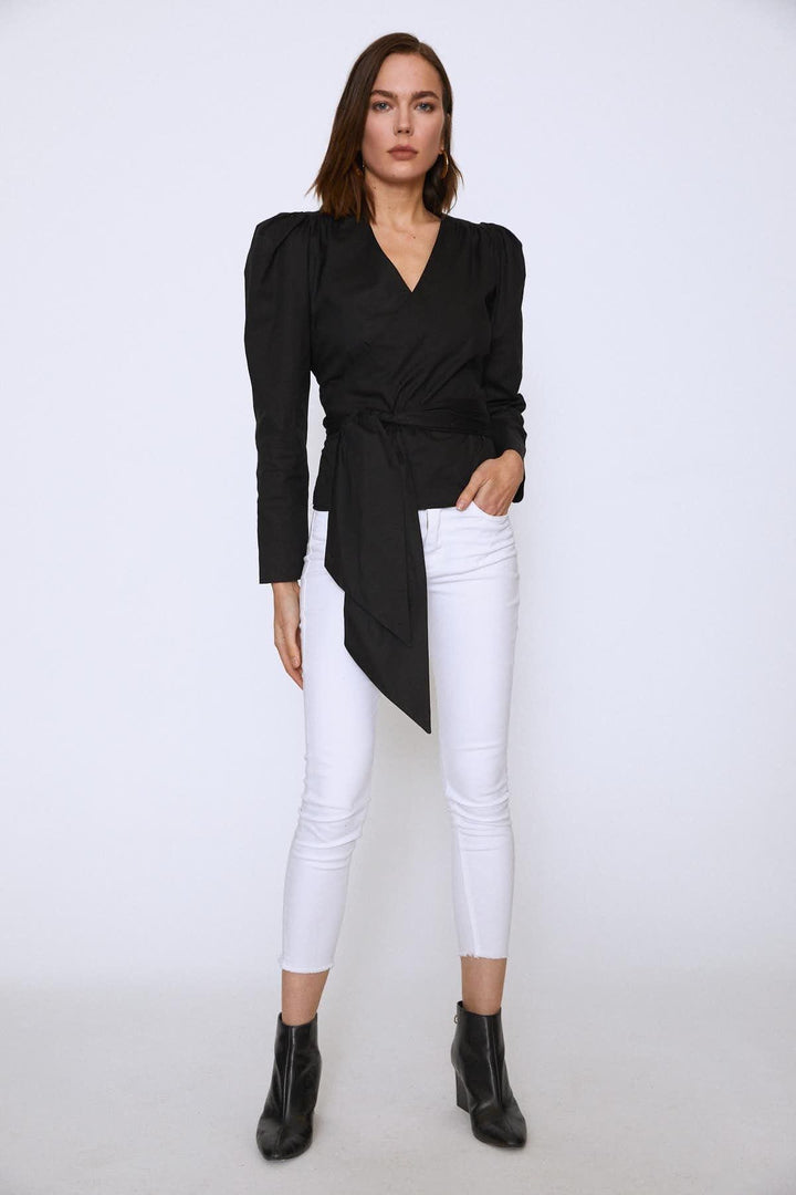 Bağlamalı Kruvaze Bluz Siyah