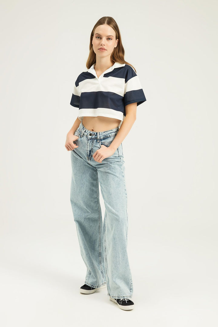 Polo Neck Striped Crop Blouse Navy