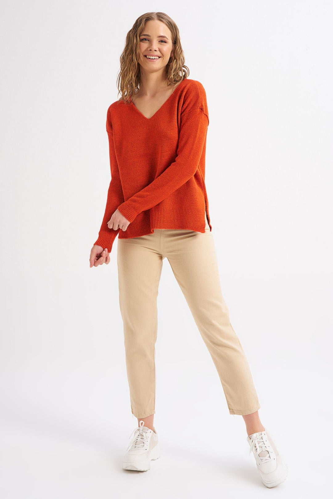 Side Slit V-Neck Jumper Orange