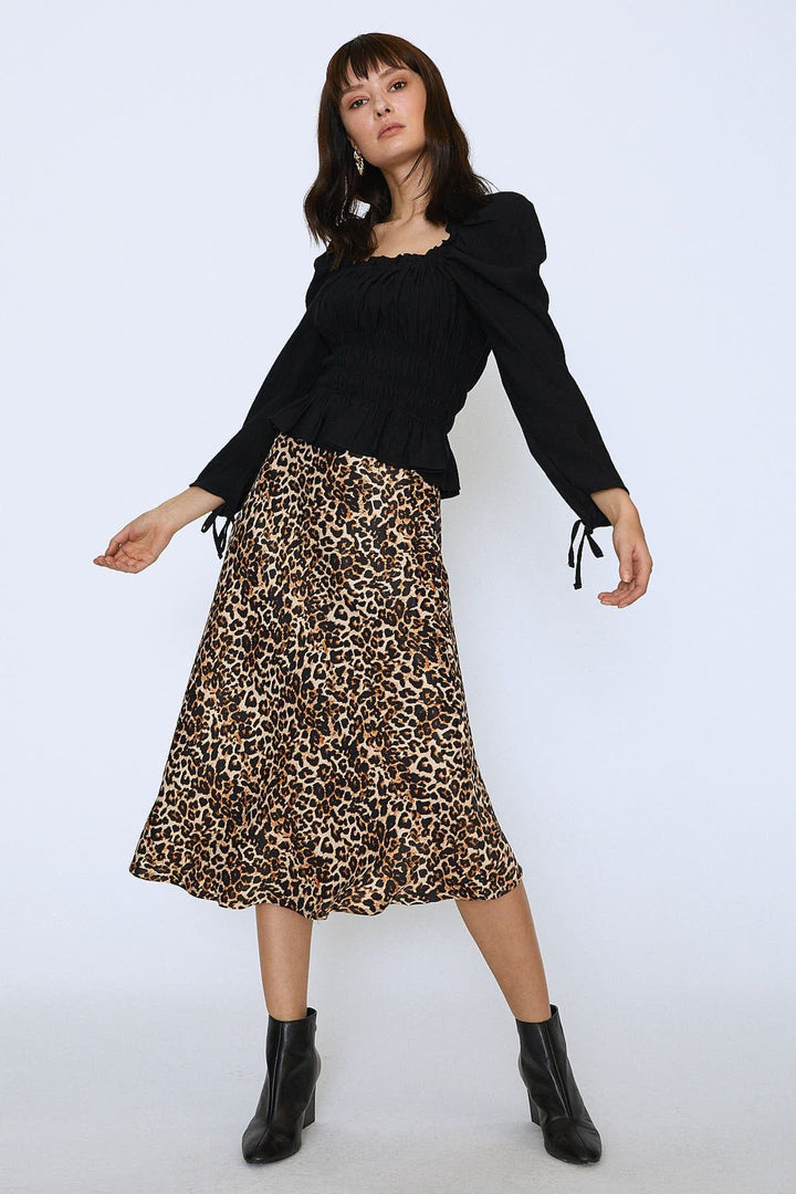 Leopard Pattern Satin Midi Skirt Brown