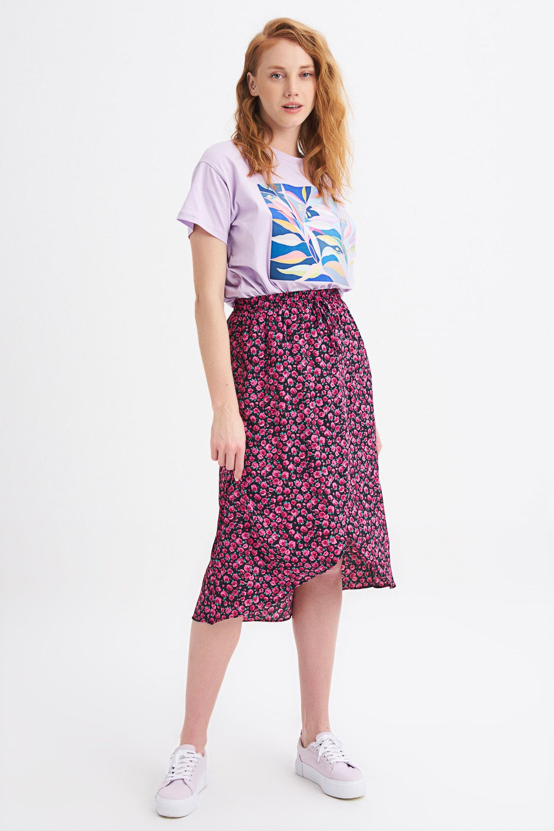 Crispy Floral Pattern Wrapped Skirt Fuchsia