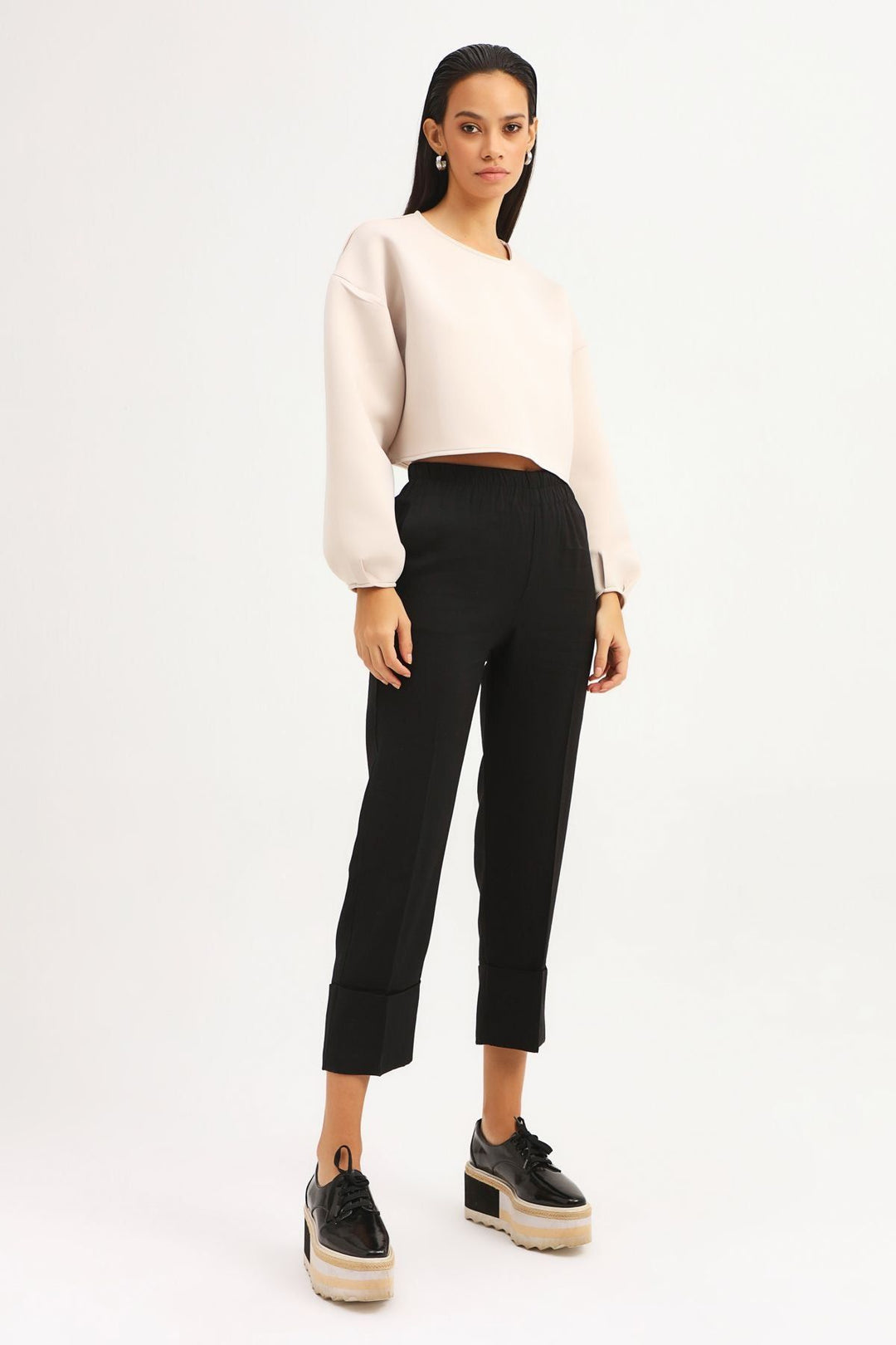 Beli Lastikli Duble Paça Pantolon Siyah