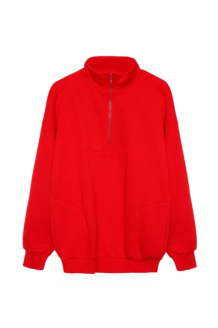 Zippered Turtleneck Sweatshirt Red
