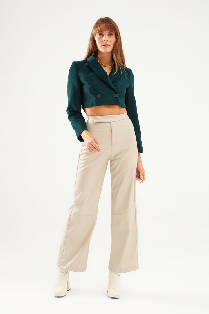 Velvet Crop Blazer Jacket Dark Green