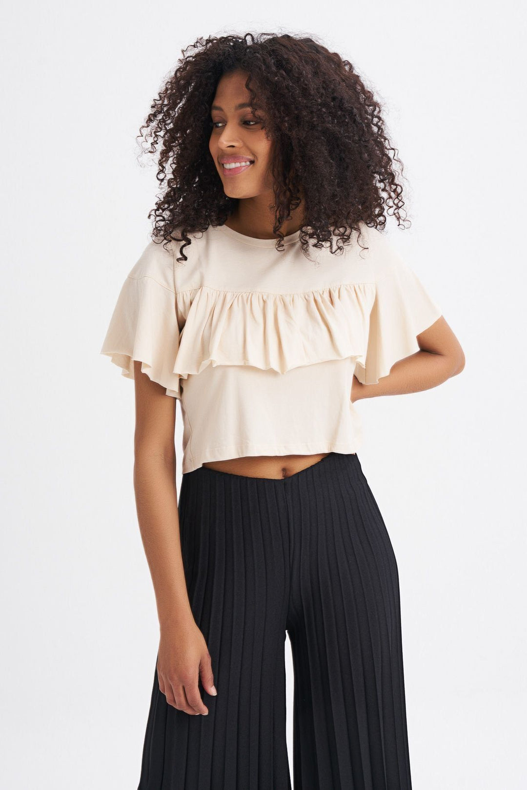 Fırfırlı Crop Tişört Açık Bej